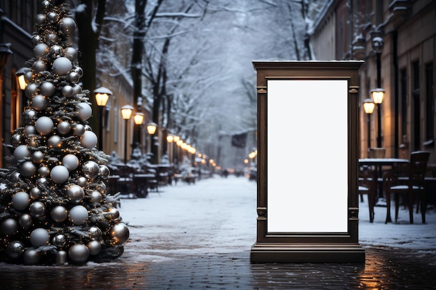 Une maquette d'un panneau d'affichage blanc dans une rue de la ville en hiver