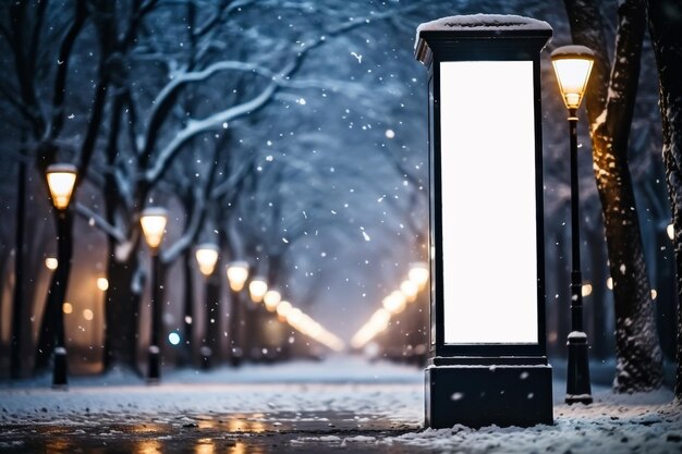 Maquette d'un panneau d'affichage vierge dans une rue de la ville en hiver