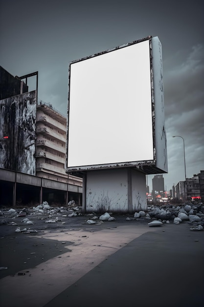 Maquette de panneau d'affichage vierge pour la publicité dans la ville post-apocalyptique