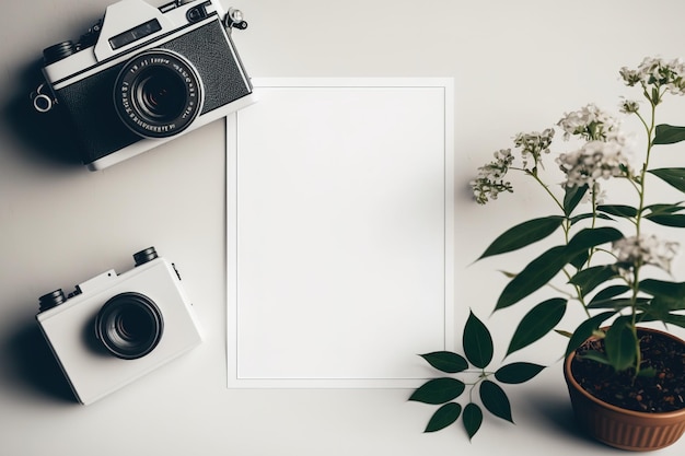 Une maquette de papier blanc vierge avec une photo d'une fleur dans un pot et un vieil appareil photo en toile de fond