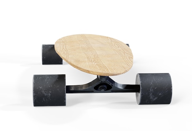 Maquette de planche à roulettes en bois noir isolée sur fond blanc devant et derrière rendu 3D bois vide pour patinage urbain maquette en haut et vue latérale isolée