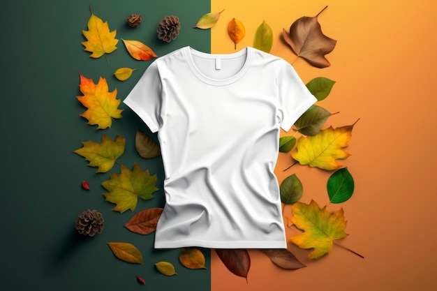 Maquette à plat fond d'automne coloré femmes t-shirt blanc blanc