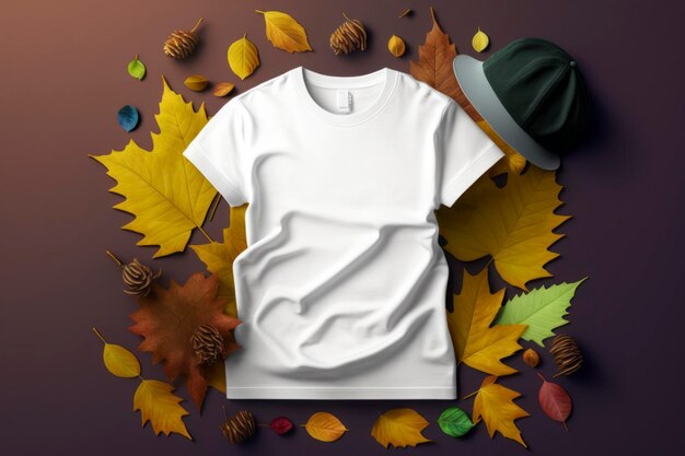 Maquette à plat fond d'automne coloré femmes t-shirt blanc blanc