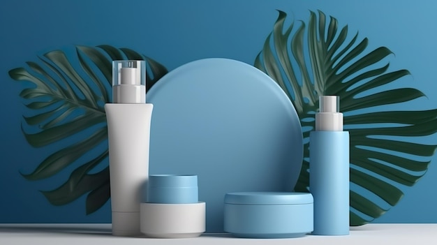 Maquette de podium bleu avec des cosmétiques