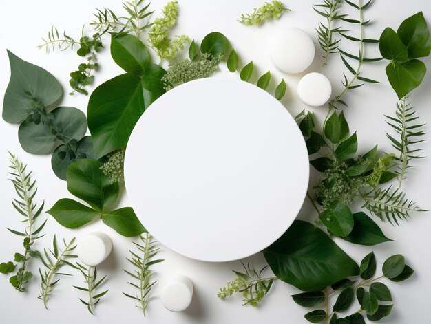 Maquette de podium circulaire blanc pour la présentation de produits cosmétiques biologiques naturels avec un style tendance