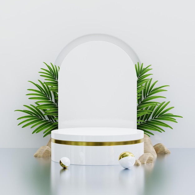 Maquette de podium en or blanc pour la présentation du produit décorée de feuilles tropicales Rendu 3D