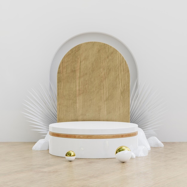 Maquette de podium pour l'affichage du produit décoré de feuilles de palmier tropical Rendu 3D
