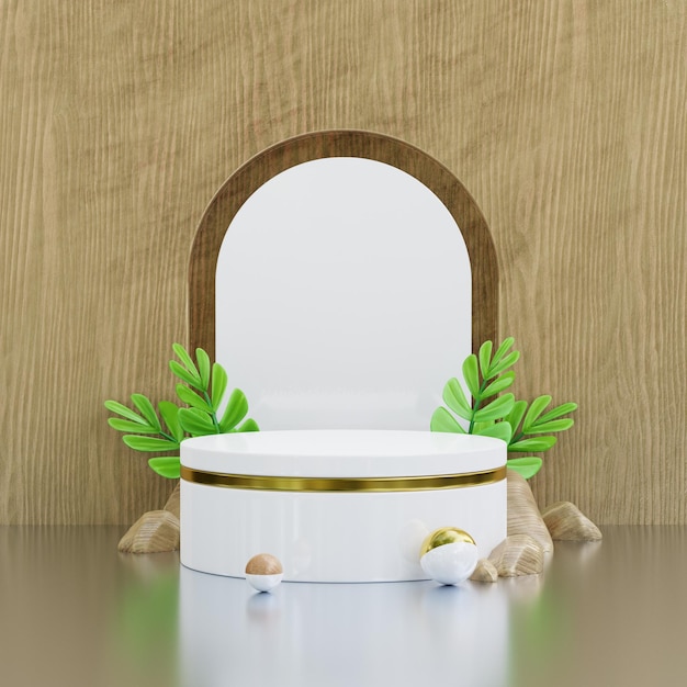 Maquette de podium pour la présentation du produit décorée de feuilles tropicales Rendu 3D