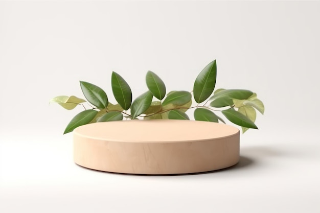 Maquette podium vide 3d avec des feuilles vertes pour produit cosmétique bio Support en bois rond naturel pour présentation et expositions sur fond blanc