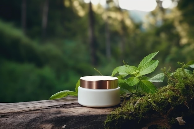 Photo maquette d'un pot blanc de crème sur un vieux tronc de bois avec un fond tropical