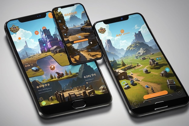 une maquette pour un site de jeu mettant en vedette des smartphones orientés vers le paysage affichant des images de jeu de jeux mobiles populaires