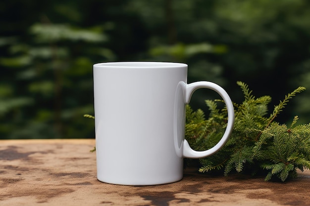 Maquette pour tasse vierge Chandle sur un fond de table propre avec de la verdure IA générative