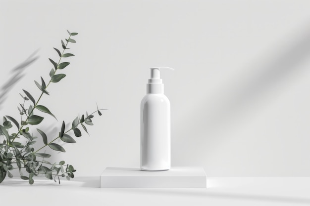 Maquette de présentation professionnelle d'une bouteille de cosmétiques sur un fond blanc propre