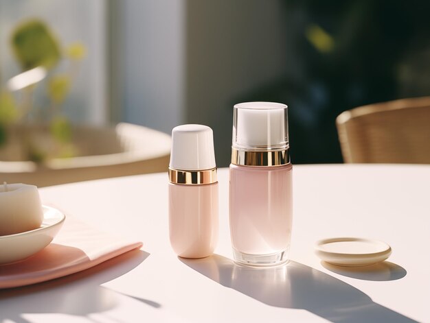 une maquette de produit cosmétique rose simple mise sur une table