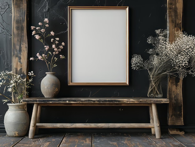 maquette de produit dans le mur noir avec un seul cadre en bois élégant sur le mur