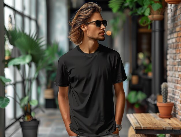 Maquette de produit T-shirt unisexe noir plain sur homme