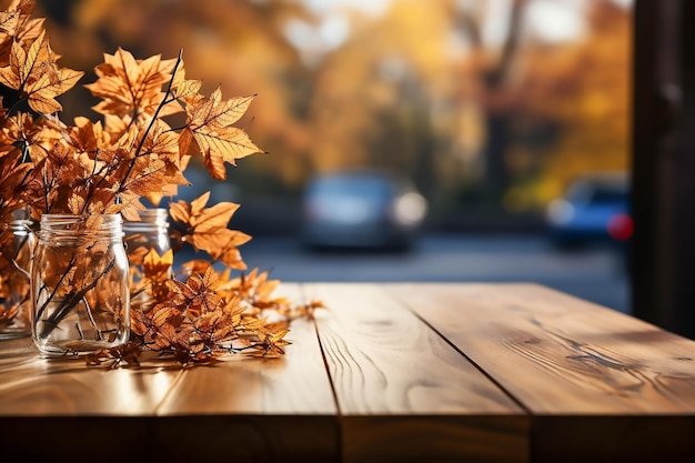 Photo maquette de produit de table en bois en automne