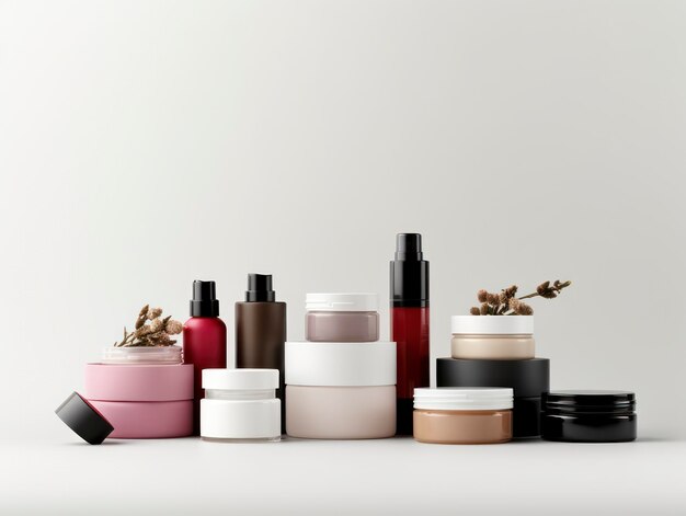 Photo maquette de produits cosmétiques avec des étiquettes blanches isolées sur un dos blanc