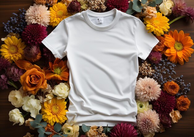 Maquette professionnelle d'un tee-shirt blanc vierge Photo aérienne de plantes et de fleurs knollées