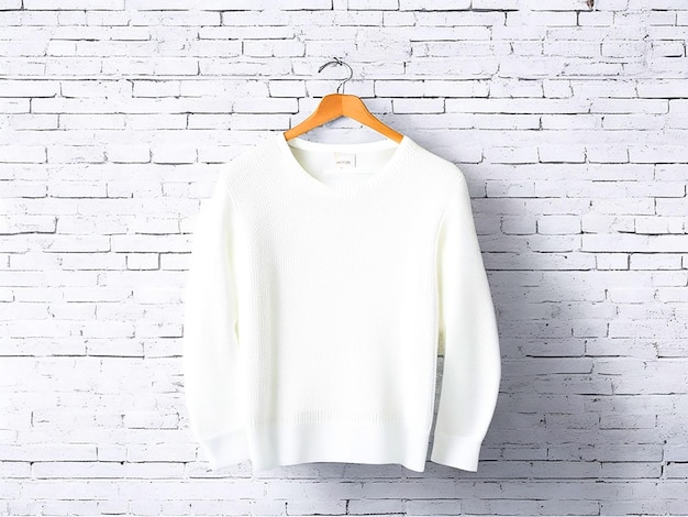 Une maquette de pull blanc suspendu avec de la brique Image de fond