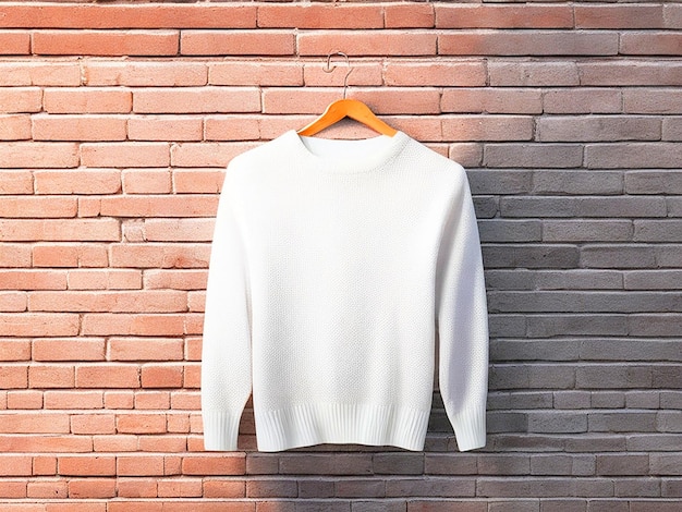 Une maquette de pull blanc suspendu avec de la brique Image de fond