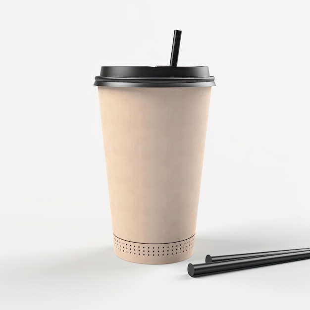 Une maquette réaliste d'une tasse en papier avec un couvercle et de la paille isolée sur fond blanc