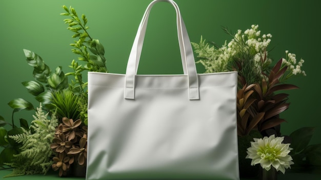 Une maquette de sac d'achat en coton blanc sur fond de mur vert avec des plantes d'intérieur.