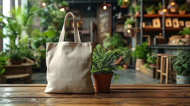 Une maquette de sac à dos en toile blanche sur fond de café à la mode, idéale pour promouvoir une mode