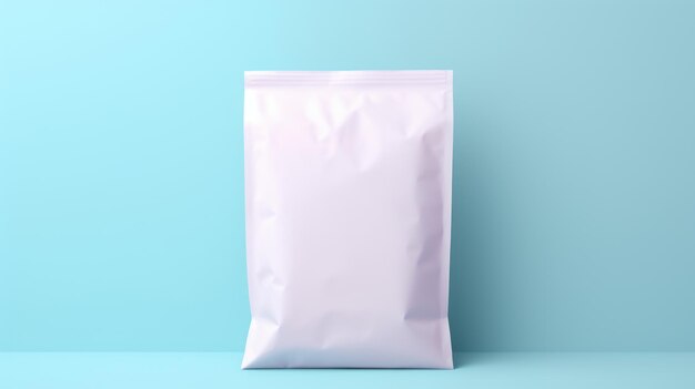 Une maquette d'un sac en papier blanc vide avec une fermeture à glissière sur fond bleu