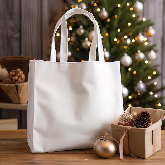 Maquette de sac à provisions blanc avec arbre de noël en arrière-plan