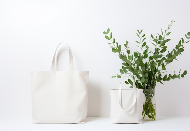 Maquette de sacs en toile vides et de plantes d'eucalyptus à côté de White Ba