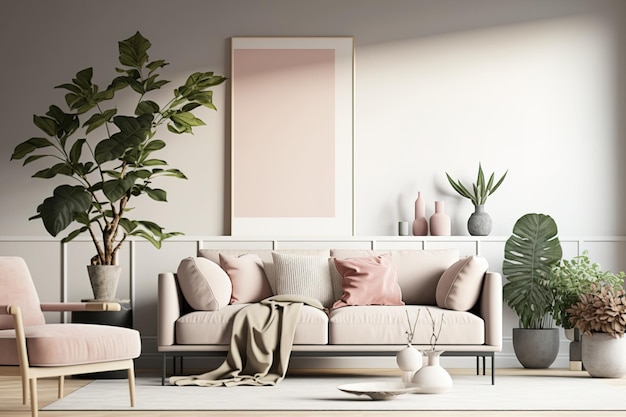 Une maquette d'un salon moderne au design scandinave avec un canapé beige et une plante