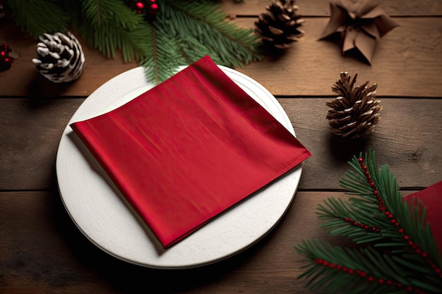 Maquette de serviette rouge sur une table en bois sur le thème de Noël