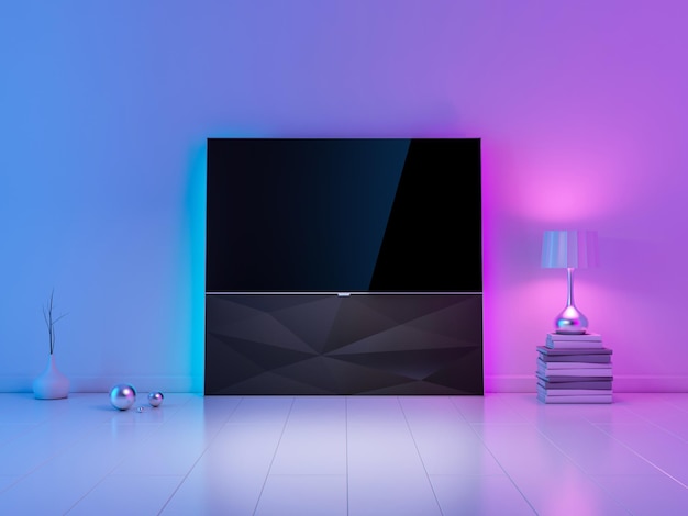 Maquette Smart Tv de luxe moderne sur pied dans un salon blanc avec rendu 3d de lumière ambiante