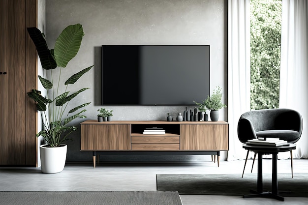 Maquette smart TV sur meuble en bois dans un salon contemporain sans meubles