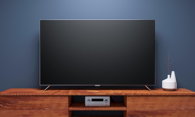 Photo maquette smart tv noire sur console en bois. rendu 3d