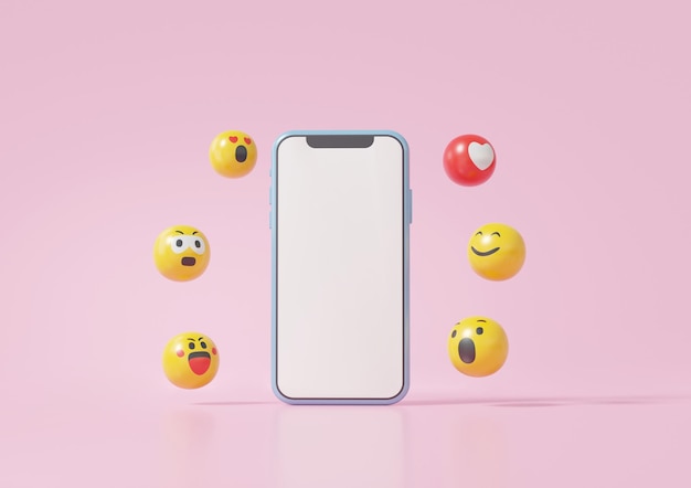 Maquette smartphone écran blanc plate-forme médias sociaux marketing numérique concept en ligne avec spectacle coeur emoji comme sourire flottant sur fond rose dessin animé minimal illustration de rendu 3d