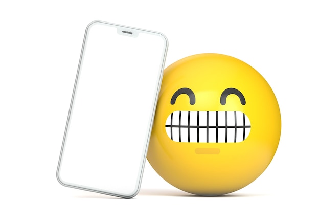 Maquette de smartphone avec écran vide et rendu amusant du personnage emoji d