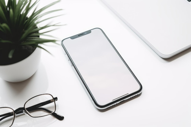 Une maquette de smartphone avec un écran vide sur une table de bureau blanche