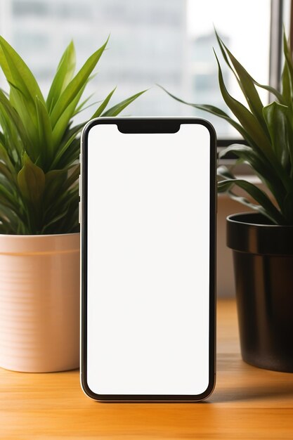 Photo une maquette de smartphone avec un écran vide sur une table avec une plante verte