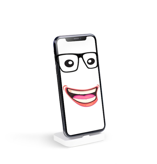 Maquette de smartphone avec Mangirl Happy Face Expression avec des lunettes sur fond blanc