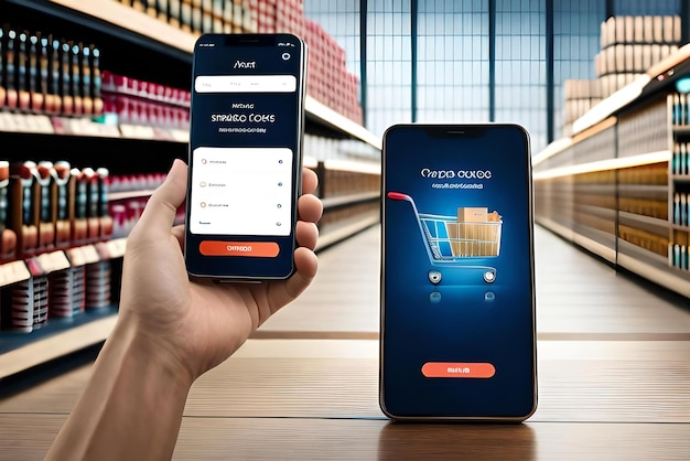 maquette de smartphone avec panier de supermarché et boîtes en rendu 3d réaliste