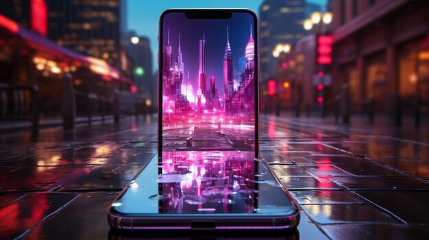 Photo une maquette de smartphone samsung avec une image de fond neonlit