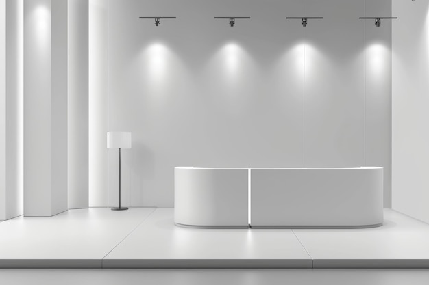 Maquette d'un stand de présentation vide pour une exposition Set réaliste moderne avec des murs blancs, sol et table