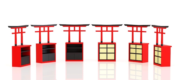 Maquette de stand de vente au détail de kiosque de comptoir de promotion avec porte torii ou stand de poteau japonais rouge rendu 3D