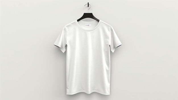 Maquette de T-shirt blanc accrochée à un cintre sur un fond blanc La chemise est faite de 100 coton et est douce et confortable à porter