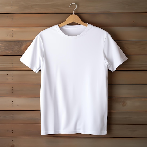 Maquette de T-shirt blanc en blanc sur un cintre en bois