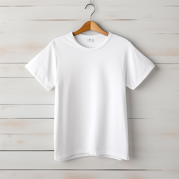 Maquette de T-shirt blanc en blanc sur un cintre en bois