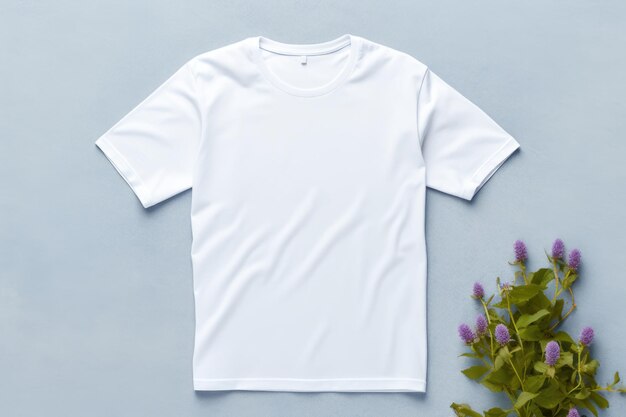 Une maquette de T-shirt blanc avec des fleurs violettes.