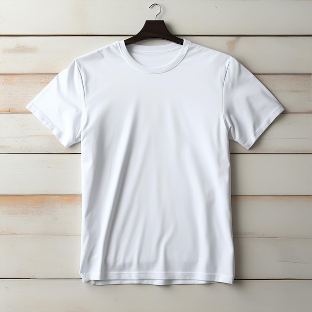 Maquette de t-shirt blanc sur fond de bois